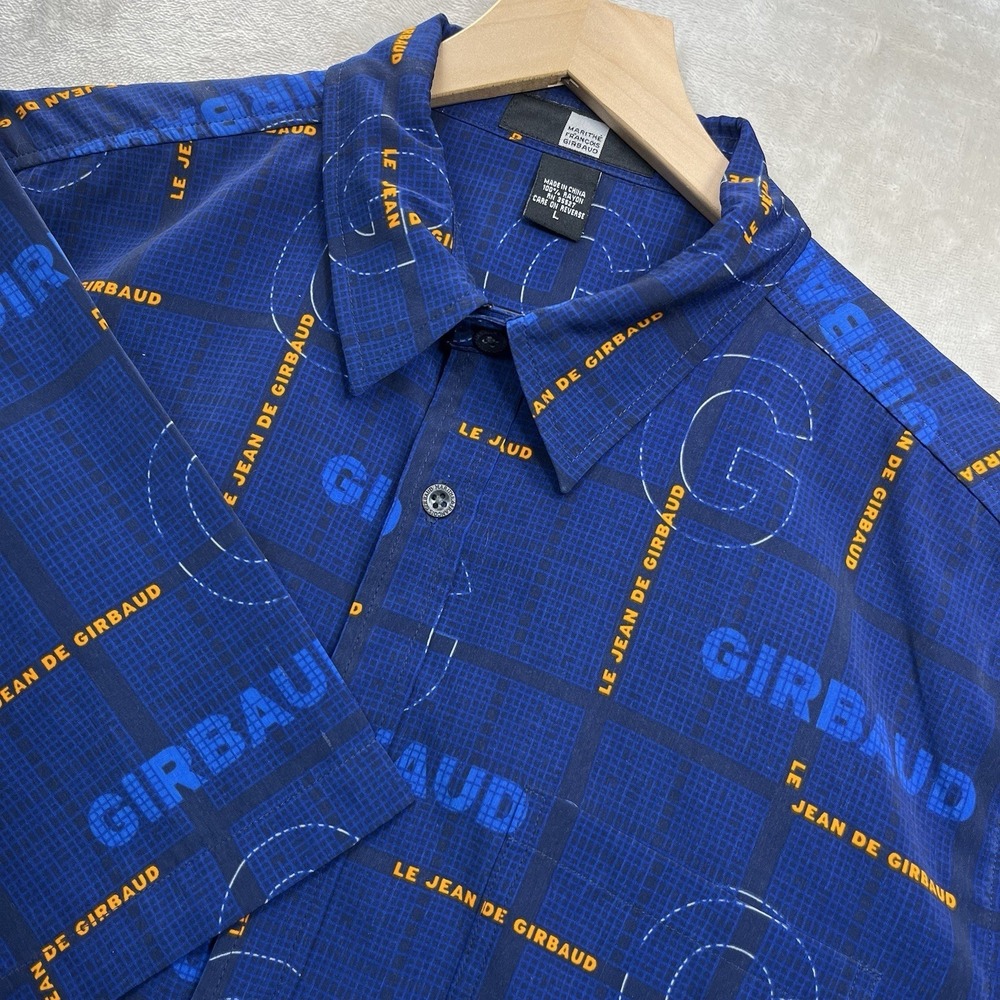 MARITHE FRANCOIS GIRBAUD Shirt L Blue Orange Short‎ Sleeve Button Front LOGO
